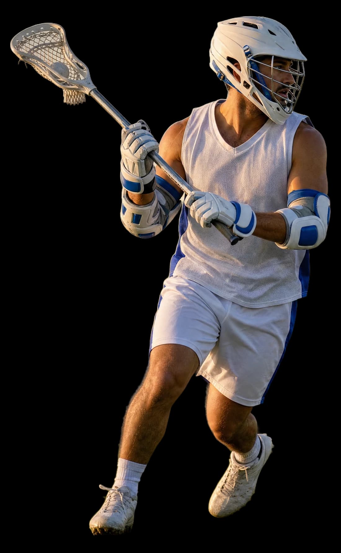 A lacrosse player running with stick and ball, in white and blue kit